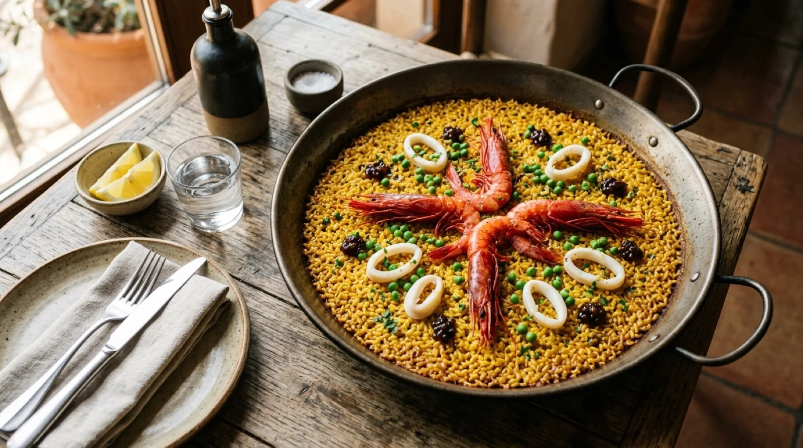 Paella moderna amb gamba vermella, calamar i pèsols sobre arròs daurat