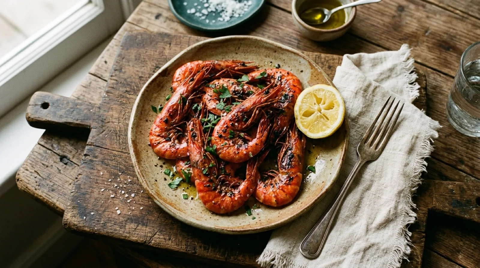 Gambes vermelles a la planxa amb oli d'oliva i llimona