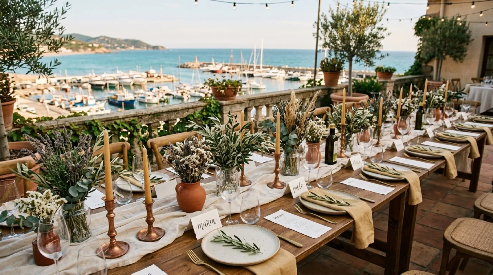 Taula de casament a la terrassa amb vista al port d'Arenys
