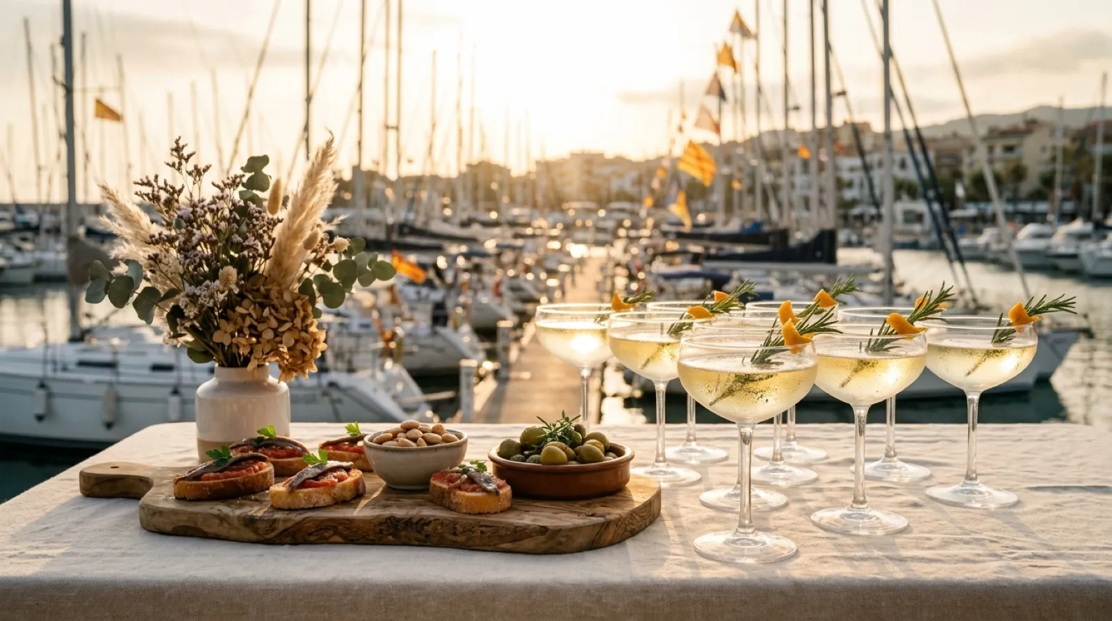 Aperitiu de benvinguda amb cava i canapès al port d'Arenys