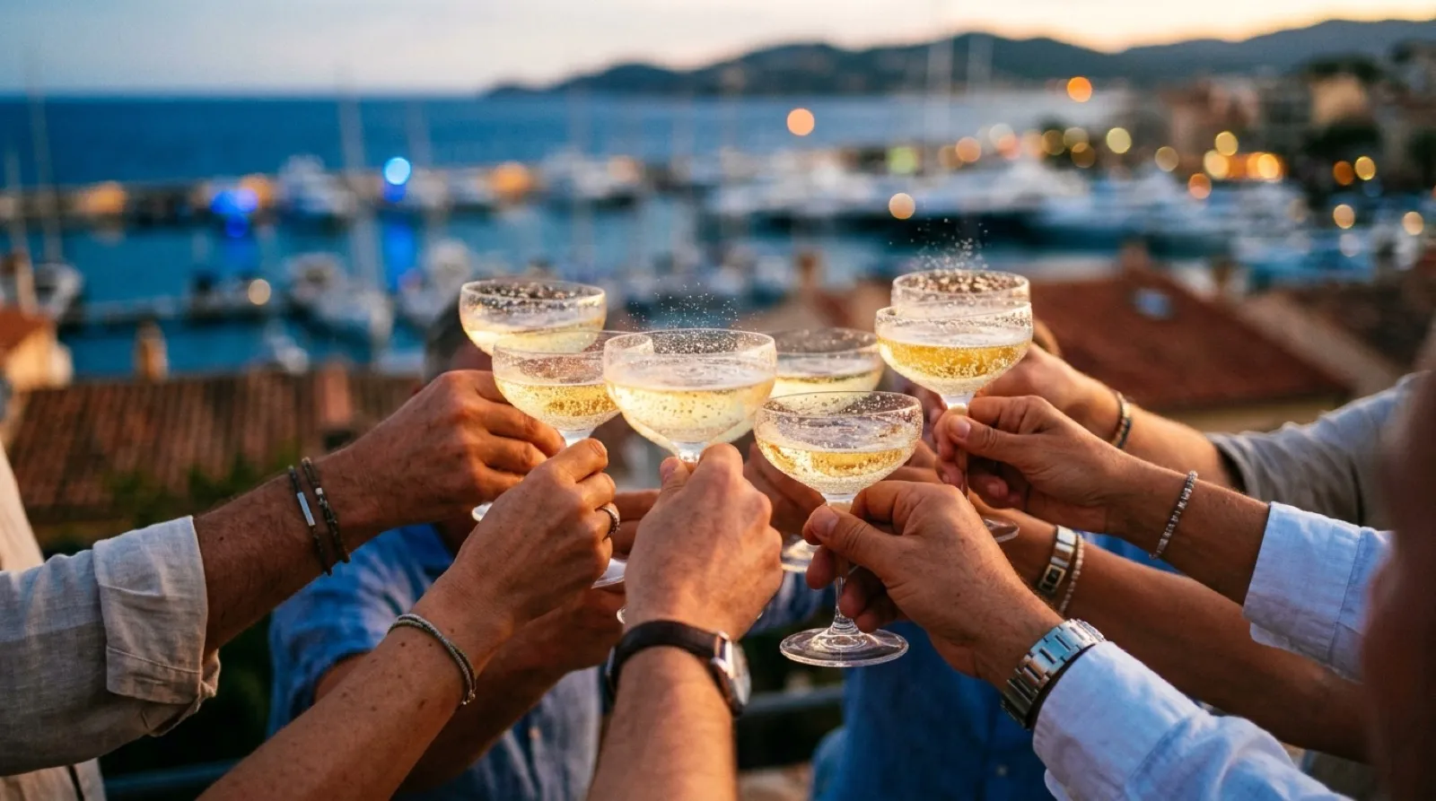 Brindis amb copes de cava sobre el port al capvespre